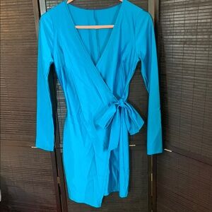 Blue Long Sleeve V-Neck Bodycon Wrap Dress